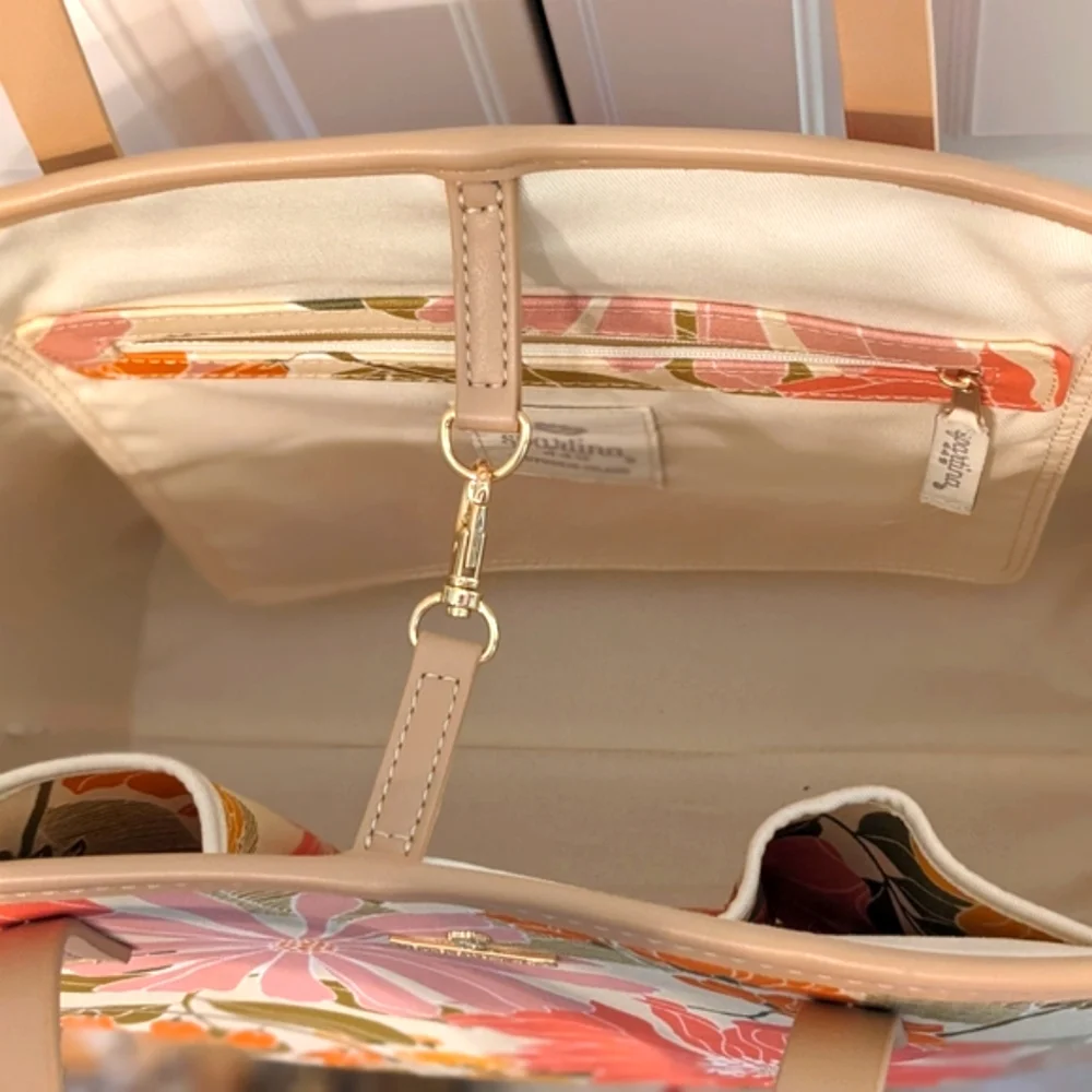 Spartina 449 Pink and Orange Floral Tote Bag with Leather Handles. NWT
